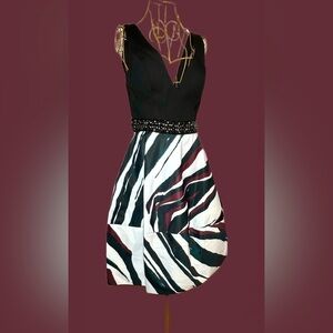Jovani Black Bodice Zebra-Print Cocktail Dress with Beaded Waist NWT